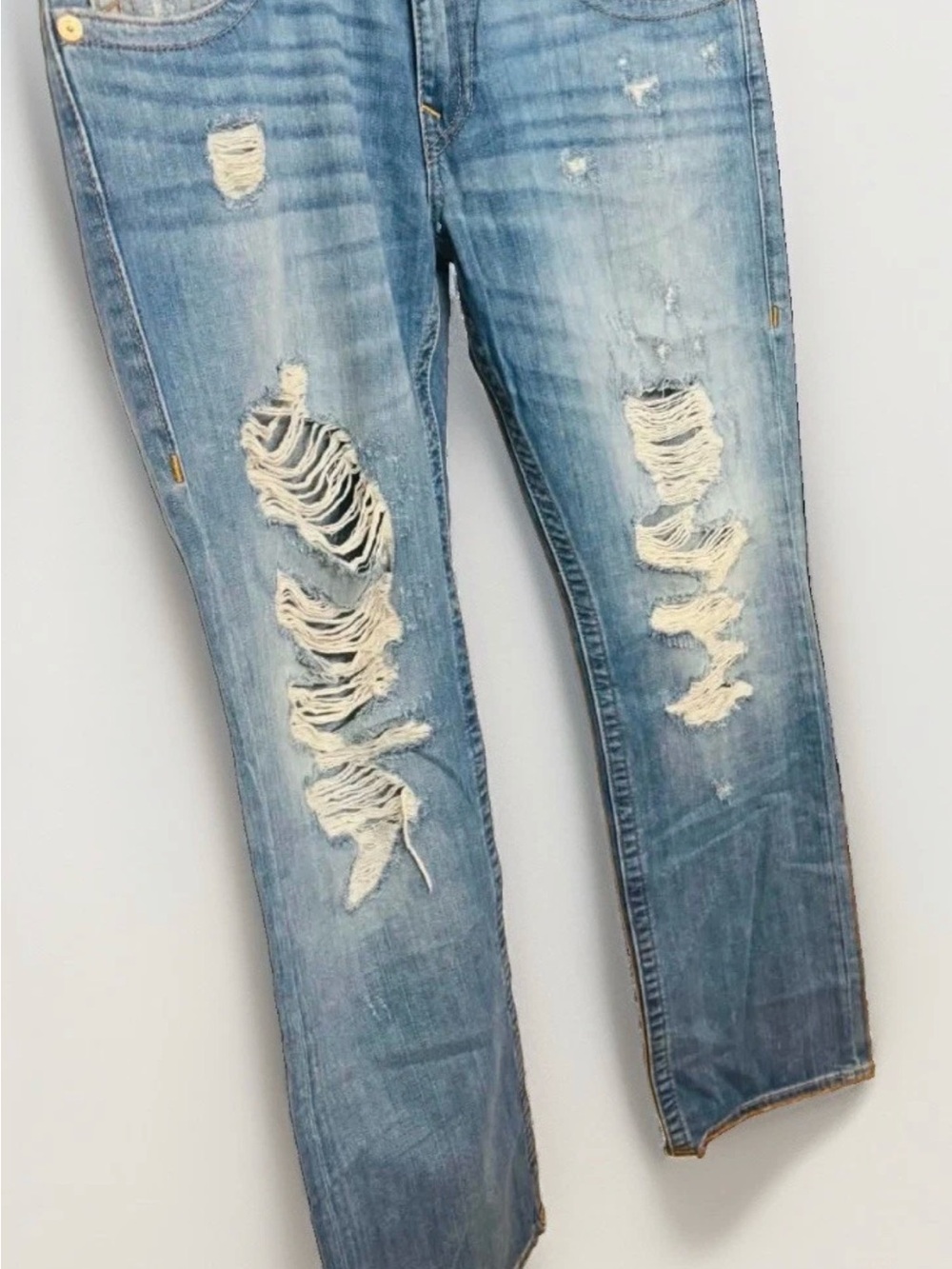 NWOT TRUE RELIGION MENS 34 STRAIGHT FLAP JEANS HEAVYDISTRESSED RED ORANGE STITCH